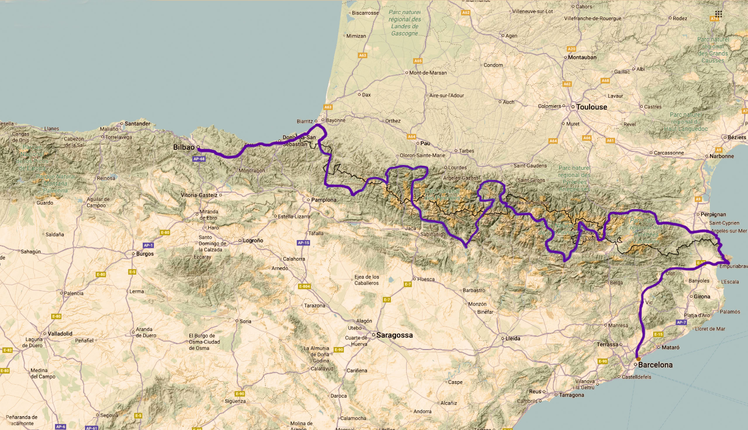 Karte und Streckenverlauf bei Roadcaptain.one Pyrenäen